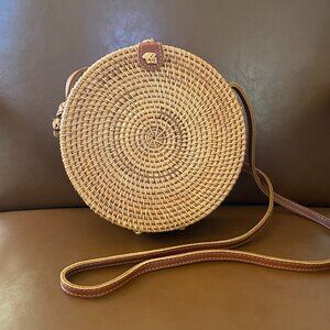 Round Rattan Woven Crossbody Bag With Genuine Leather Strap